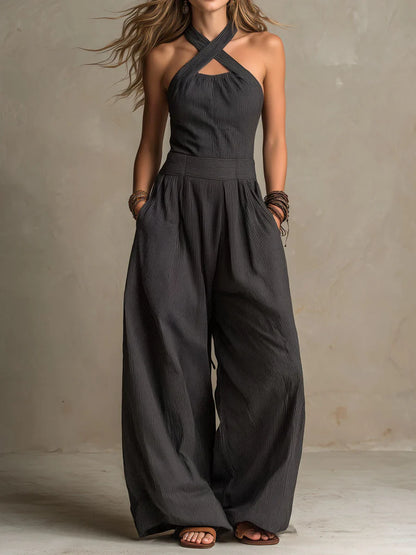 Women's Halter Neck Criss-Cross Jumpsuit – Sleeveless Wide Leg Palazzo Romper with Pockets, Summer Boho Beach Vacation Outfits