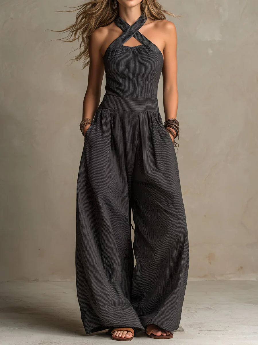 Women's Halter Neck Criss-Cross Jumpsuit – Sleeveless Wide Leg Palazzo Romper with Pockets, Summer Boho Beach Vacation Outfits