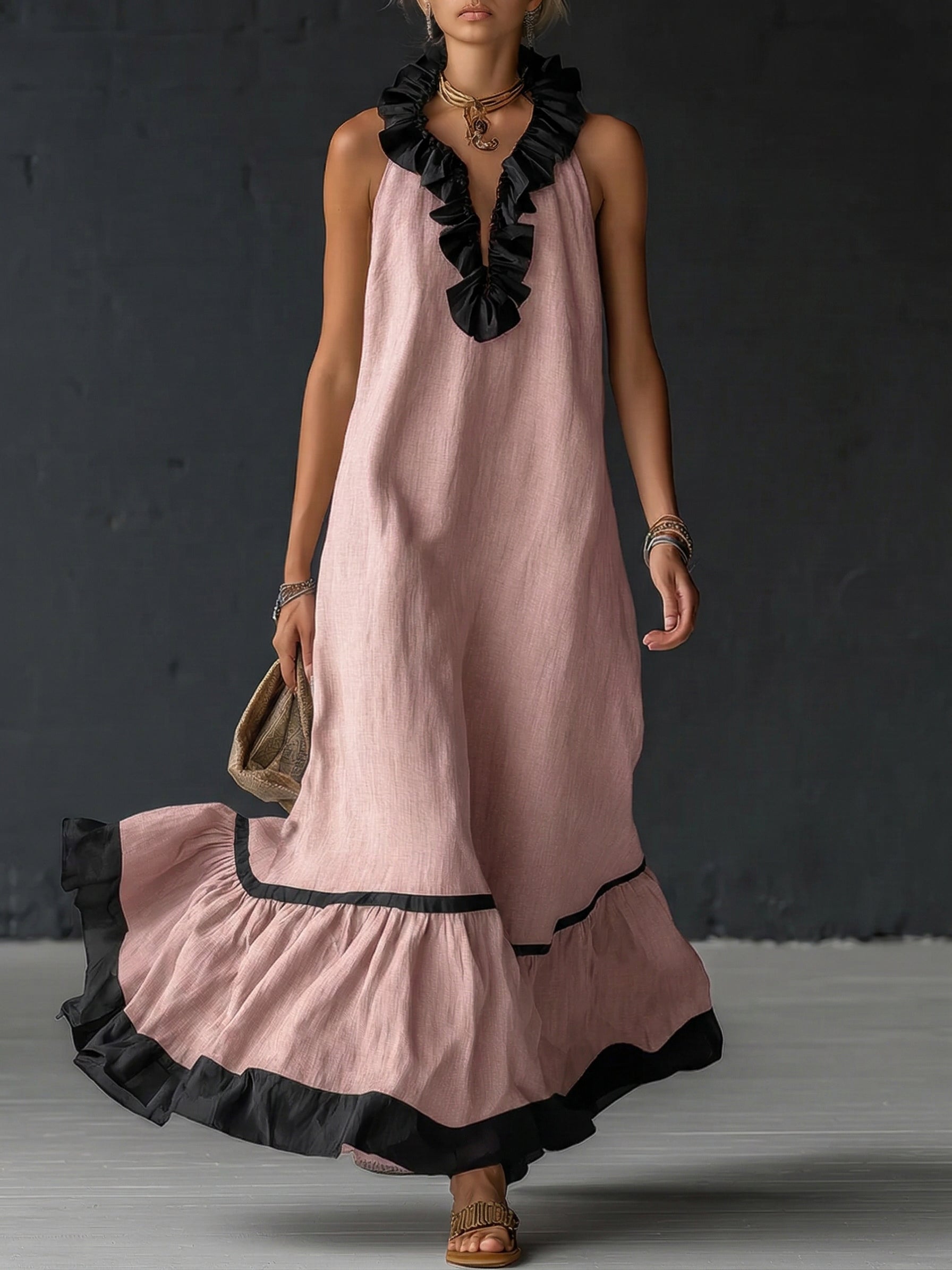 Robe longue à volants bicolore, élégante et romantique