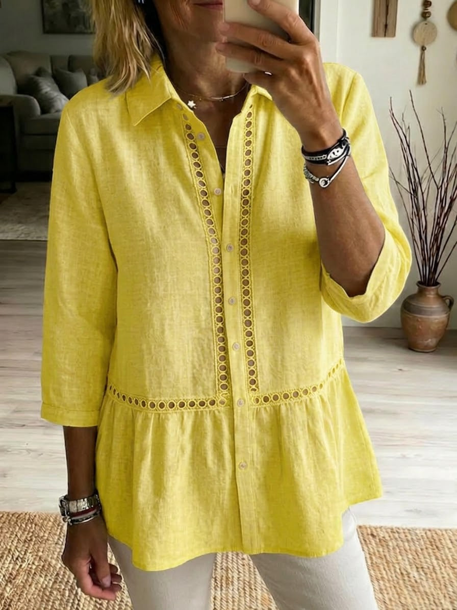 Chemise décontractée en lin et coton à motif patchwork ajouré