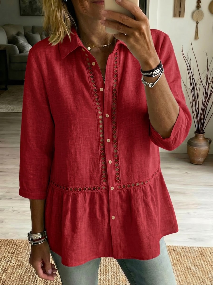Chemise décontractée en lin et coton à motif patchwork ajouré