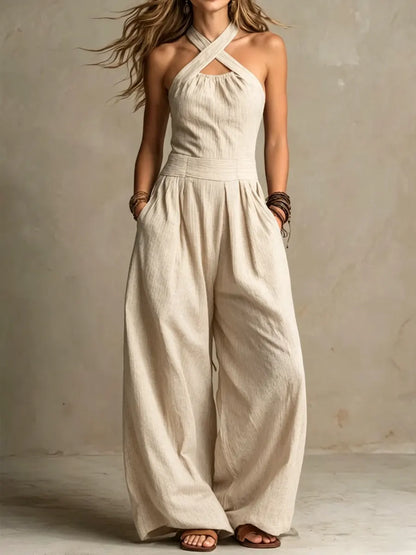Women's Halter Neck Criss-Cross Jumpsuit – Sleeveless Wide Leg Palazzo Romper with Pockets, Summer Boho Beach Vacation Outfits