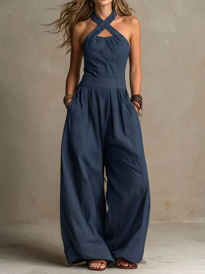 Women's Halter Neck Criss-Cross Jumpsuit – Sleeveless Wide Leg Palazzo Romper with Pockets, Summer Boho Beach Vacation Outfits