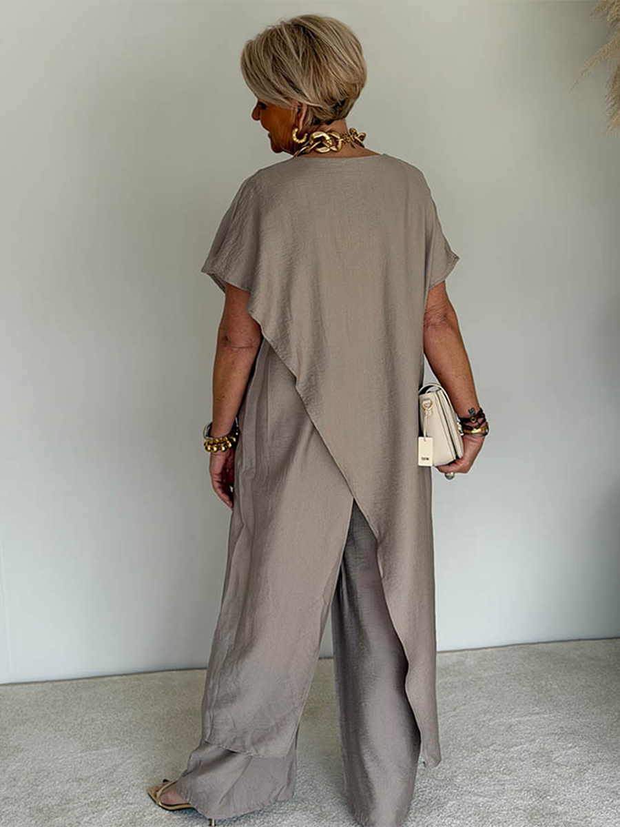 Ensemble deux pièces asymétrique ample et confortable pour femme - Tenue décontractée rétro en mélange de coton