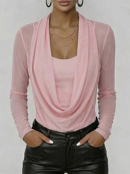 Women's Swing Neck Long-sleeved Casual Loose-fitting Sheer Mesh Top