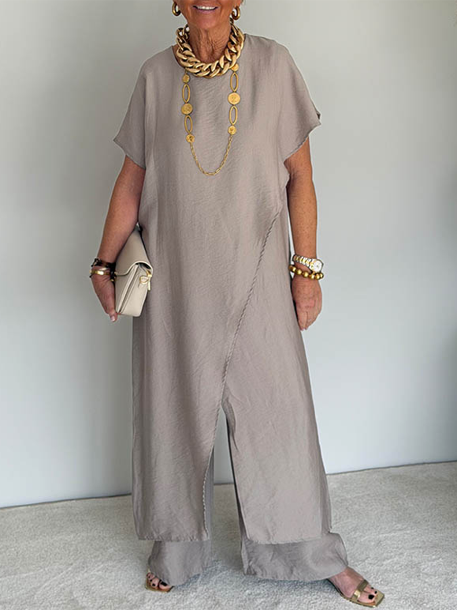 Ensemble deux pièces asymétrique ample et confortable pour femme - Tenue décontractée rétro en mélange de coton