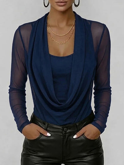 Women's Swing Neck Long-sleeved Casual Loose-fitting Sheer Mesh Top