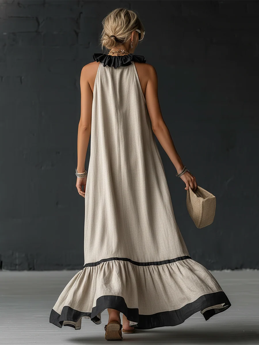 Robe longue à volants bicolore, élégante et romantique