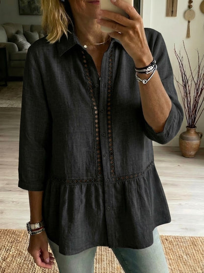 Chemise décontractée en lin et coton à motif patchwork ajouré