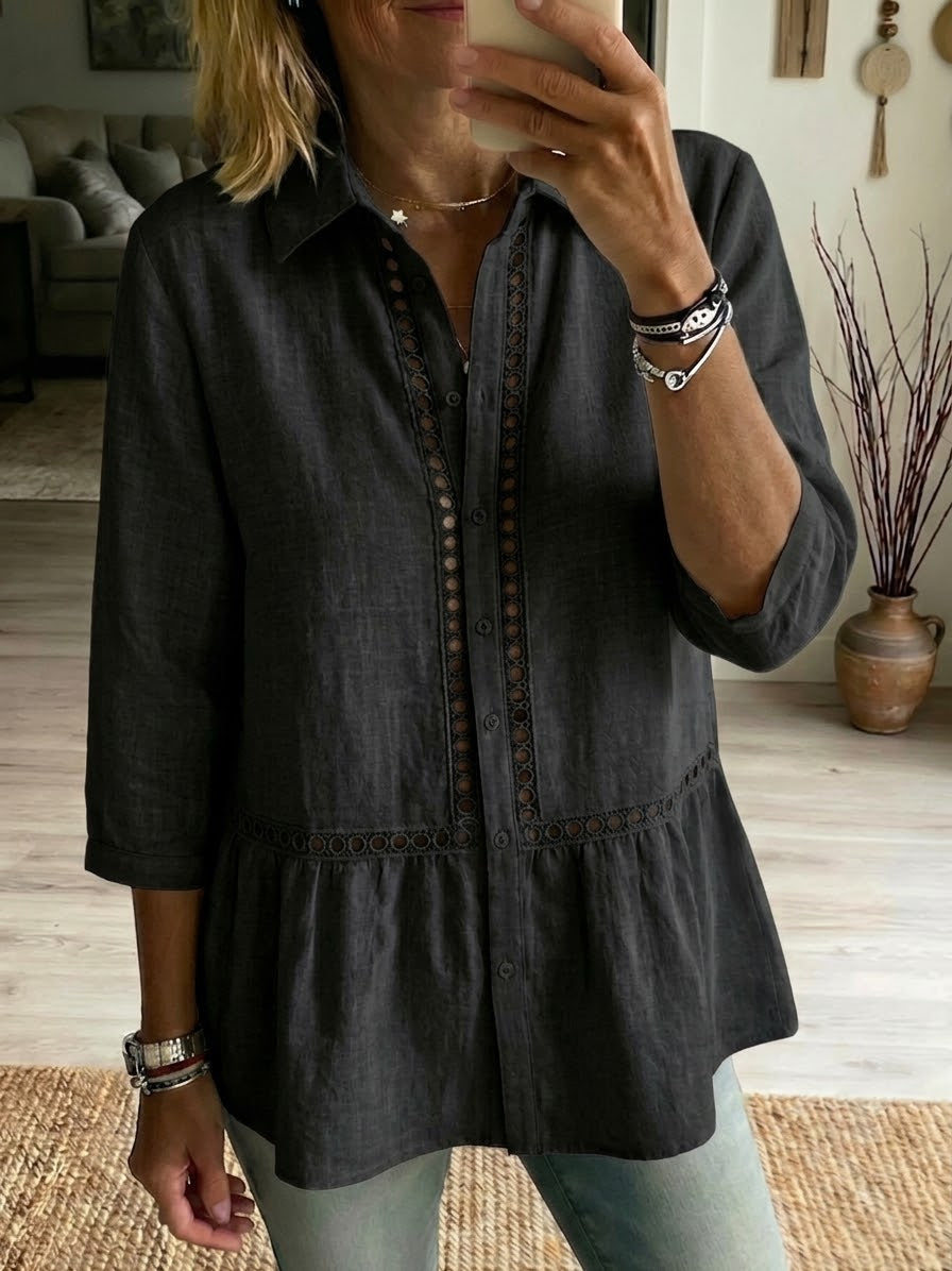 Chemise décontractée en lin et coton à motif patchwork ajouré