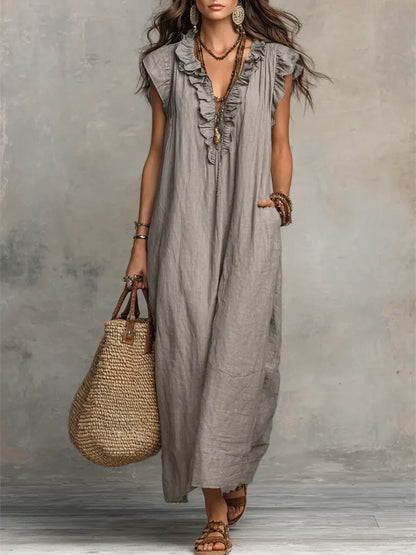 Women's Solid Color Ruffled Art Casual Fashion Cozy Cotton Linen Dress