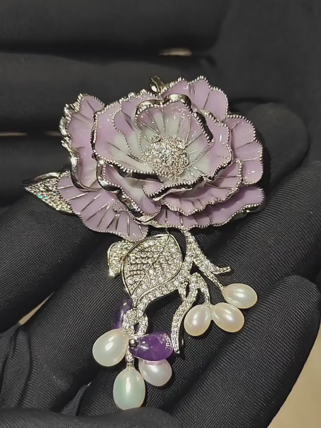 Load video: vintage purple rose brooch pendant with natural pearl and amethyst pin best women gift