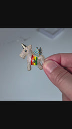Diamond Unicorn Brooch: 14K Gold Wings, Colorful Zircon Pin