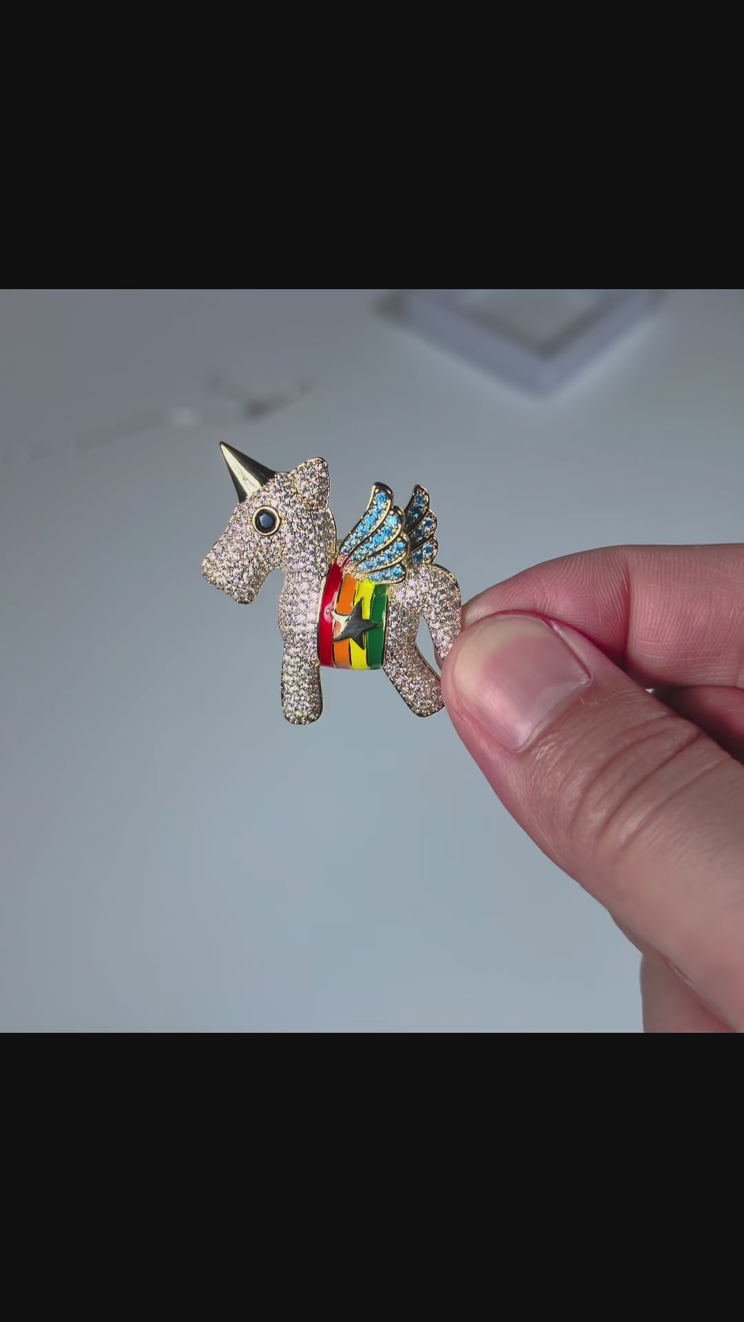 Diamond Unicorn Brooch: 14K Gold Wings, Colorful Zircon Pin