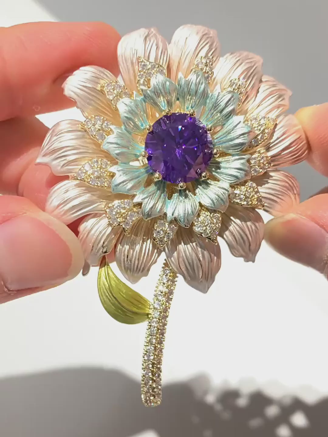 Load video: Copper inlaid zircon purple crystal brooch, enamel painting gold-plated daisy original brooch