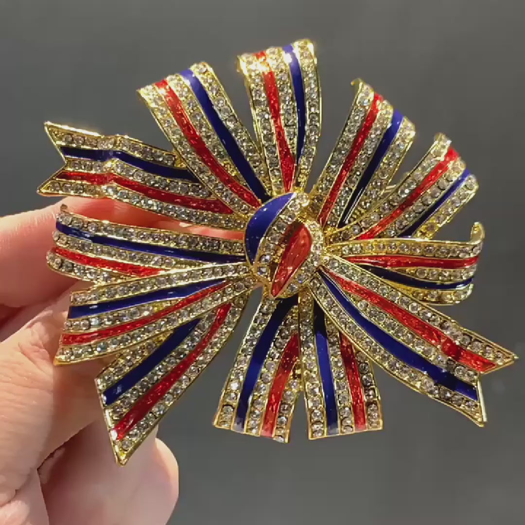 Load video: American Flag Vintage Jewelry Handmade Enamel Bow Brooch