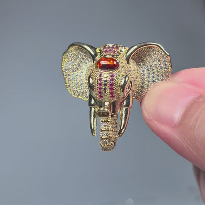 Golden Elephant Brooch: Vintage Style, Ruby Accent, Hand-Inlaid