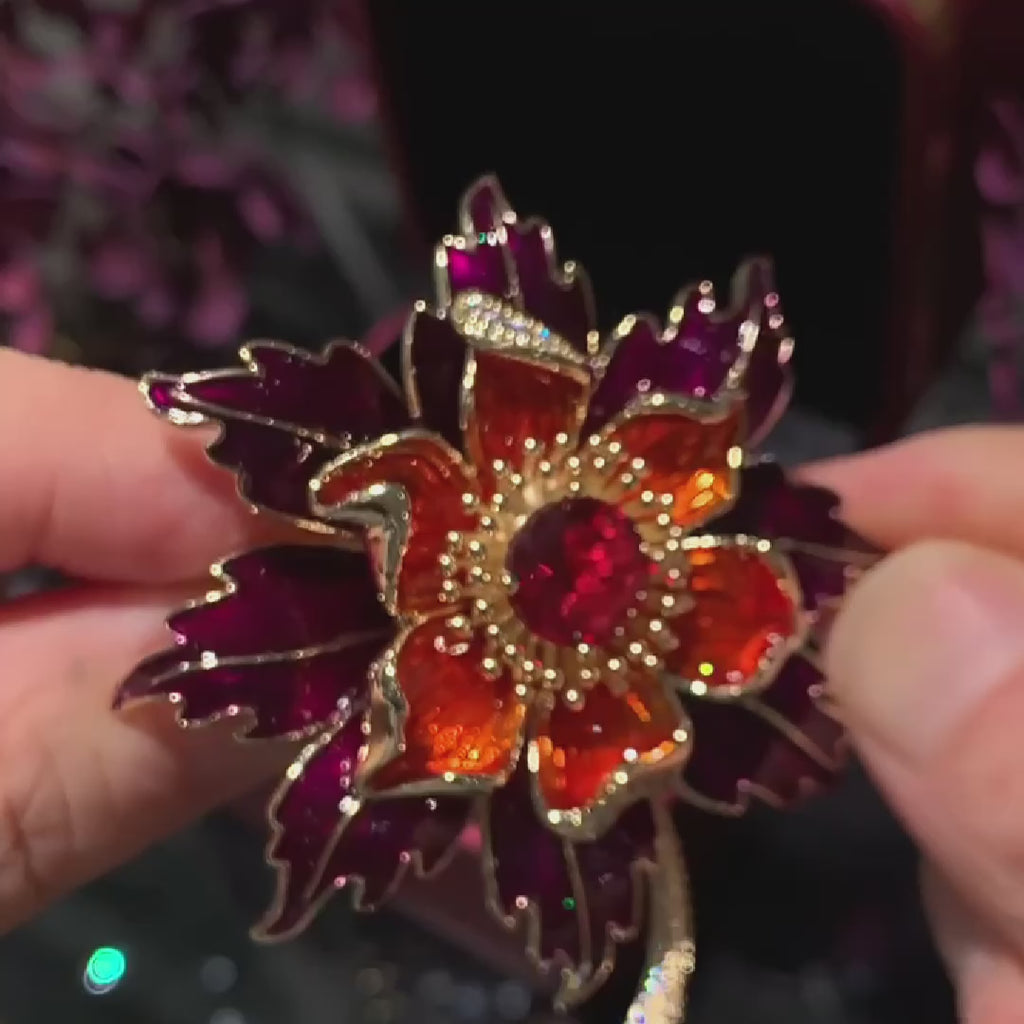 Luxury red sun flower brooch for mom, handmade enamel oil drop brooch jewelry