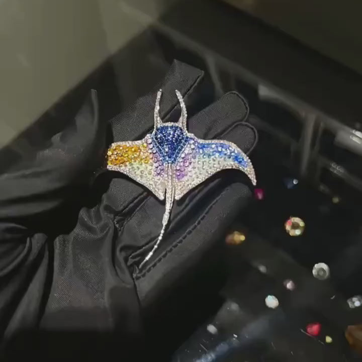 Load video: Vintage ocean animals design brooch, original handmade women's pin, blue stingray brooch pendant