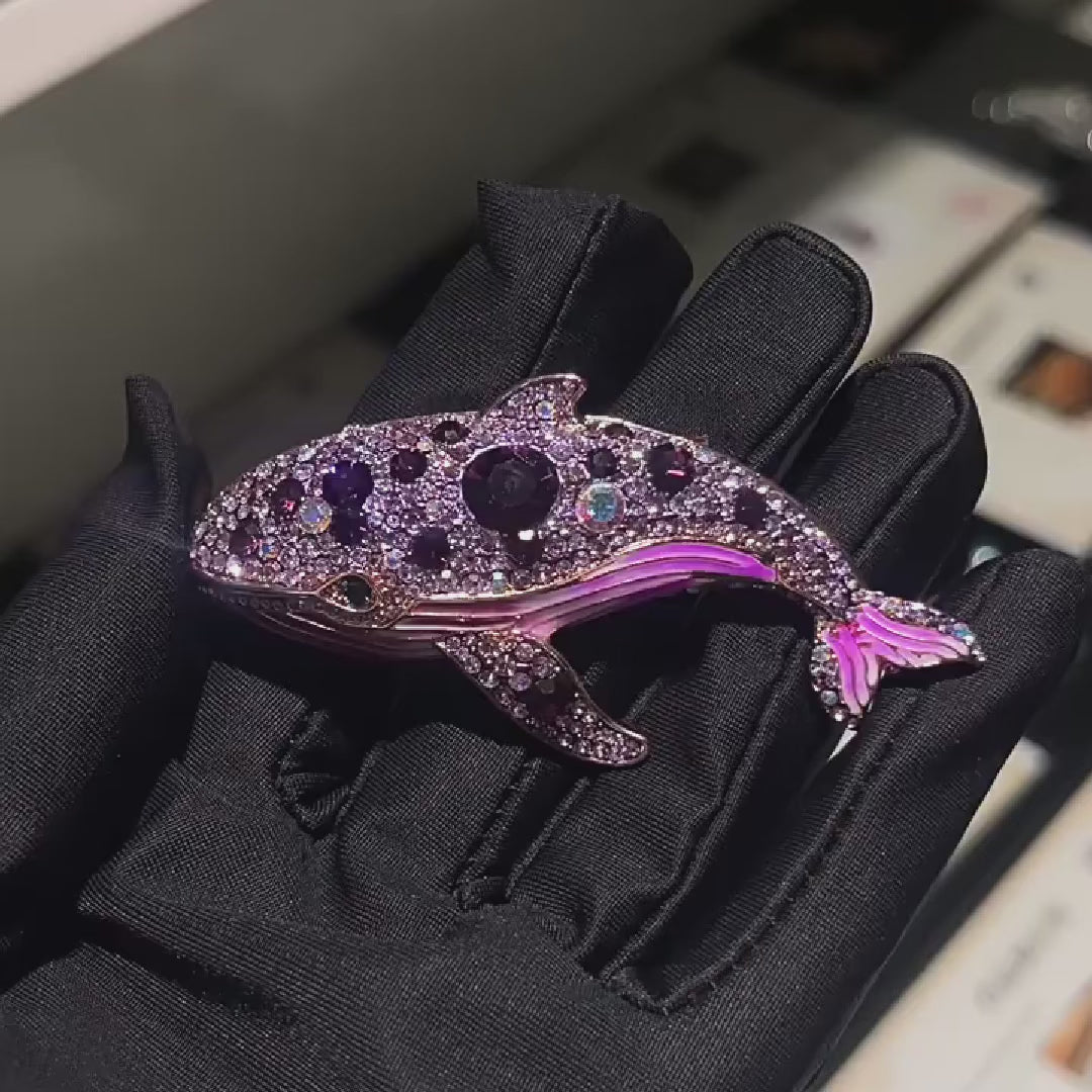 Load video: Purple Crystal Whale Brooch: Gold Plated Copper Ocean Jewelry