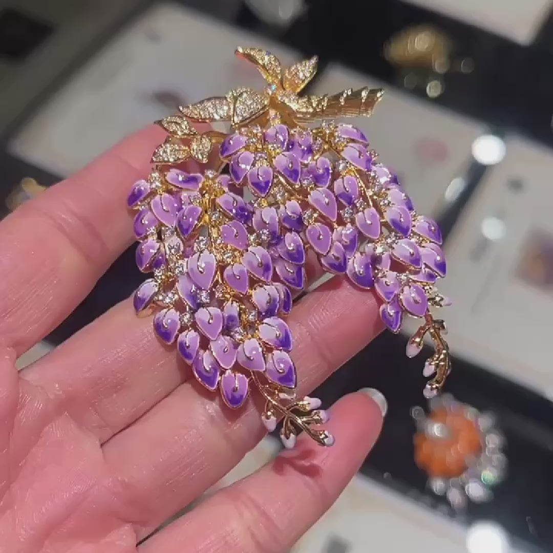 Load video: Luxurious original wisteria flower brooch, handmade enamel craft jewelry gift with box
