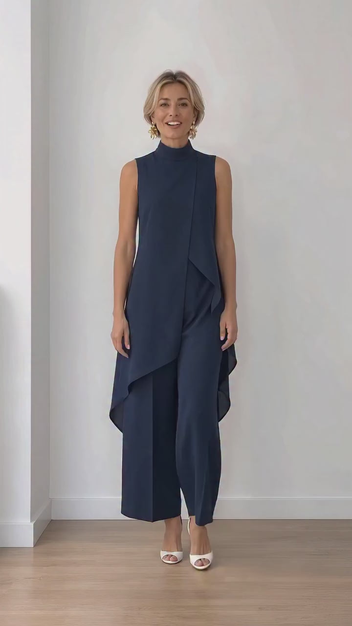 Solid-Color Patchwork Asymmetric Sleeveless Wide-Leg Top & Pants Set