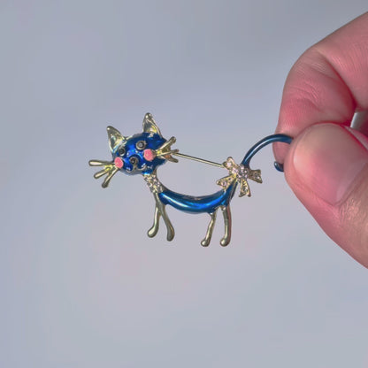 Handmade Blue Enamel Kitten Brooch: 18K Gold Plated Cat Pin