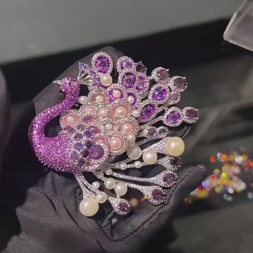 Original Luxury Natural Pearl Purple Crystal Peacock Brooch