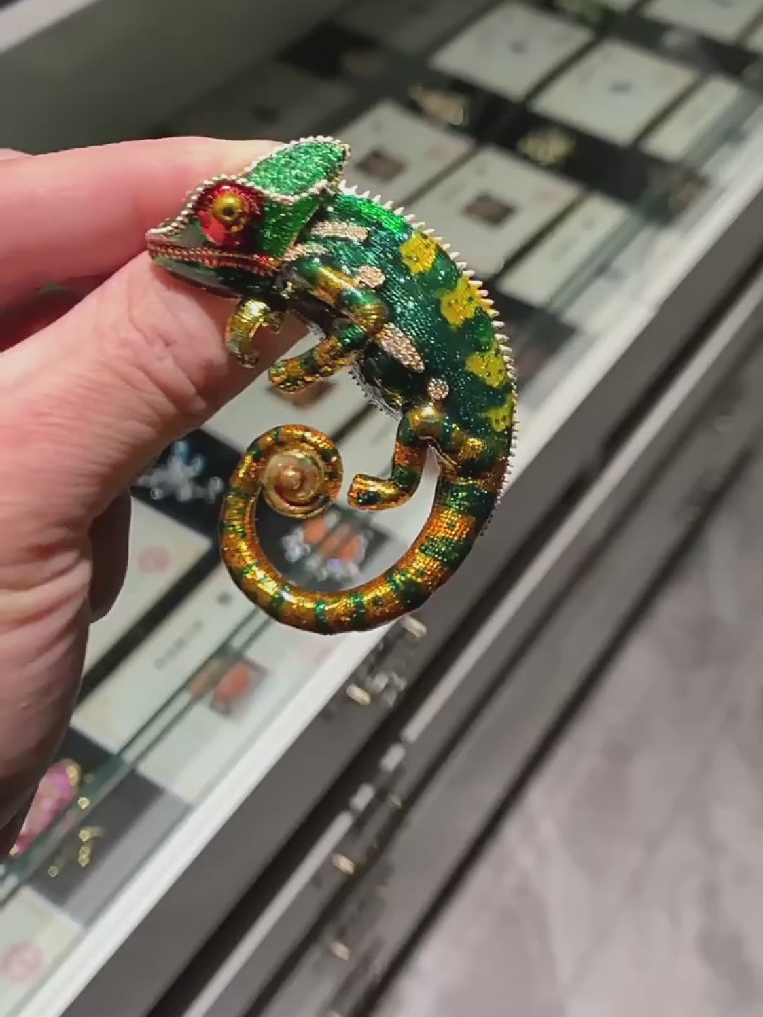 Enamel lizard chameleon brooch, green vintage insect brooch or pendant gift with box