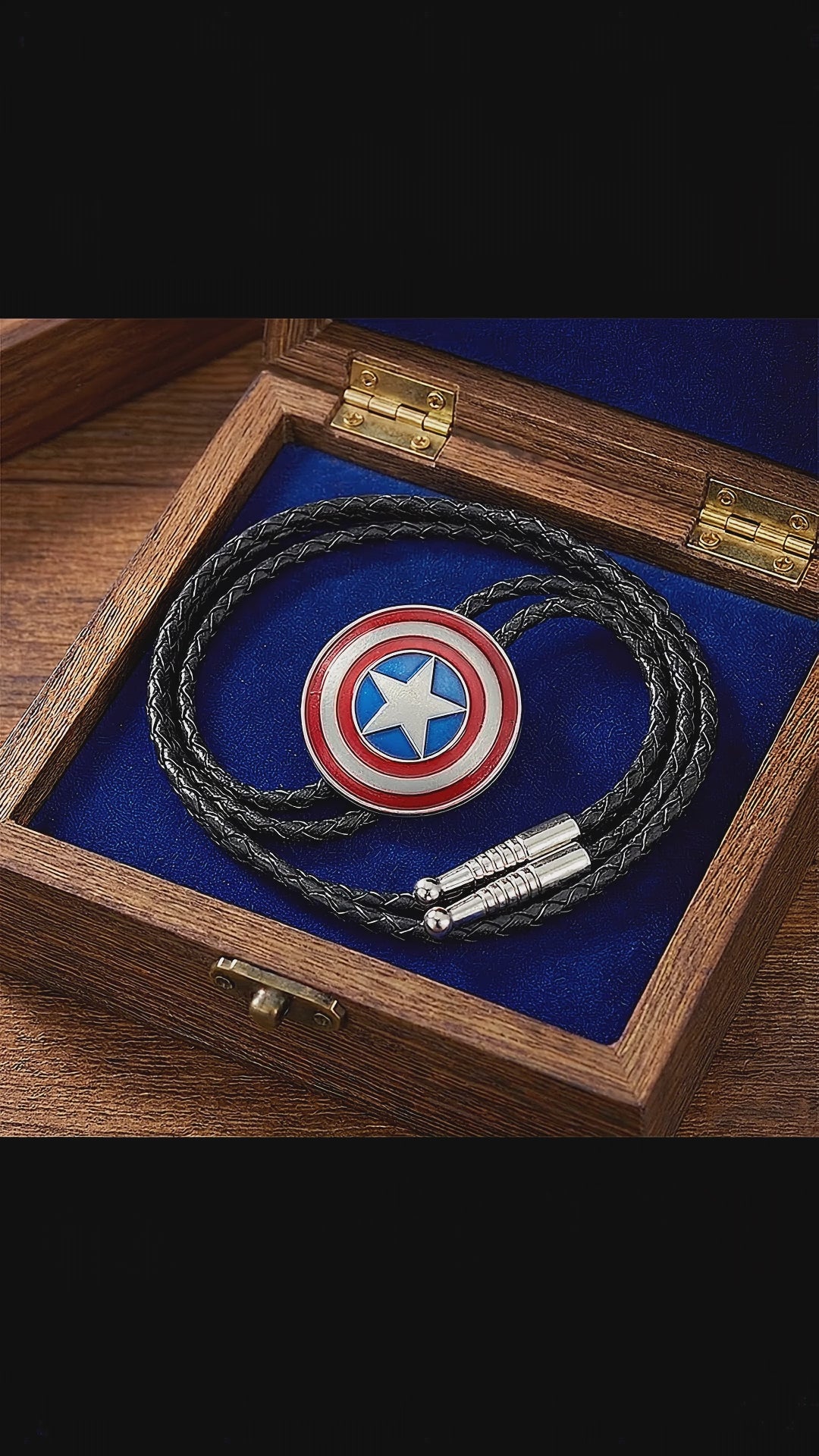 Load video: Captain America shield leather chain bolo tie cowboys necktie for western