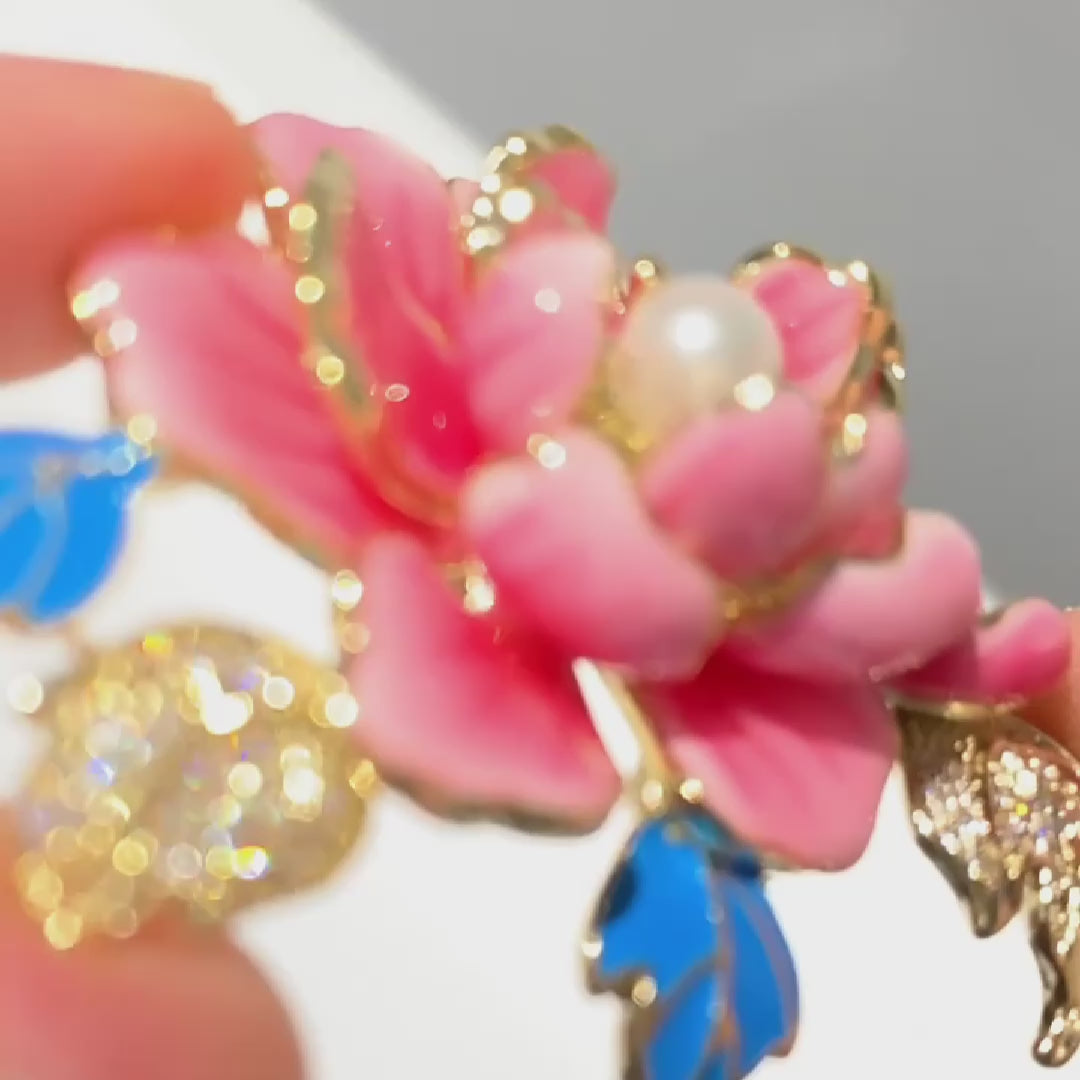 Load video: Enamel peony pearl brooch, copper inlaid zircon shell beads jewelry gift