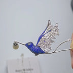 Blue Zircon Hummingbird Brooch: Copper Pearl Bird Pin