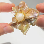 Vintage pin natural baroque pearl five-leaf flower brooch with box