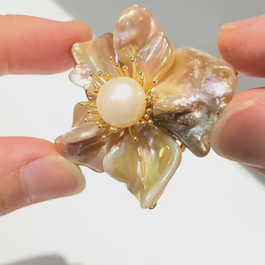Vintage pin natural baroque pearl five-leaf flower brooch with box