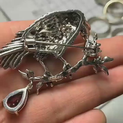 Vintage Crow Brooch: Distressed Design with Red Rhinestone - Halloween Jewelry