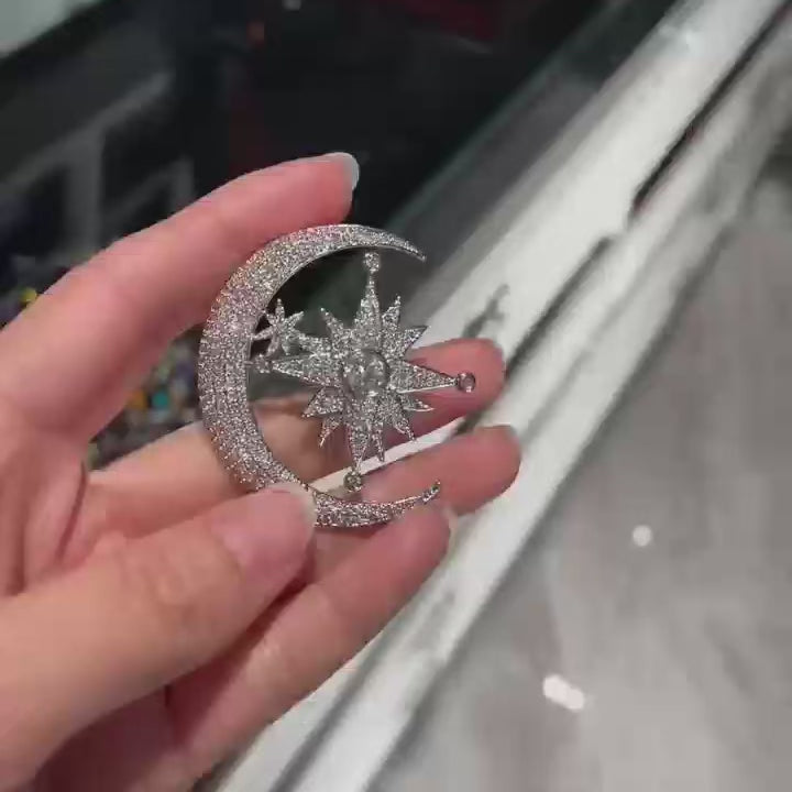 Exquisite micro-pave zircon moon and star brooch, vintage goddess women pins promise gift.