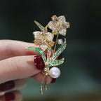 Vintage Rose Brooch: 18k Gold Plated Zircon Floral Pin Pendant