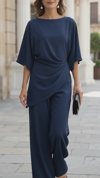 Solid-Color Relaxed-Fit Batwing-Sleeve High-Waist Top & Pants Set
