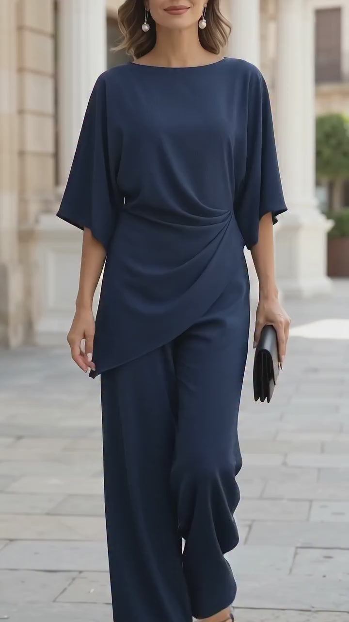 Solid-Color Relaxed-Fit Batwing-Sleeve High-Waist Top & Pants Set
