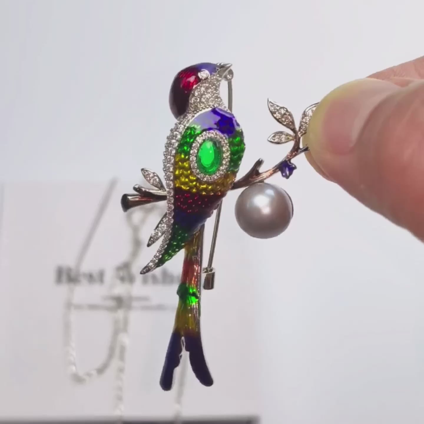 Handmade Enamel Bird Brooch: Zircon, Pearl, Gold-Plated Jewelry