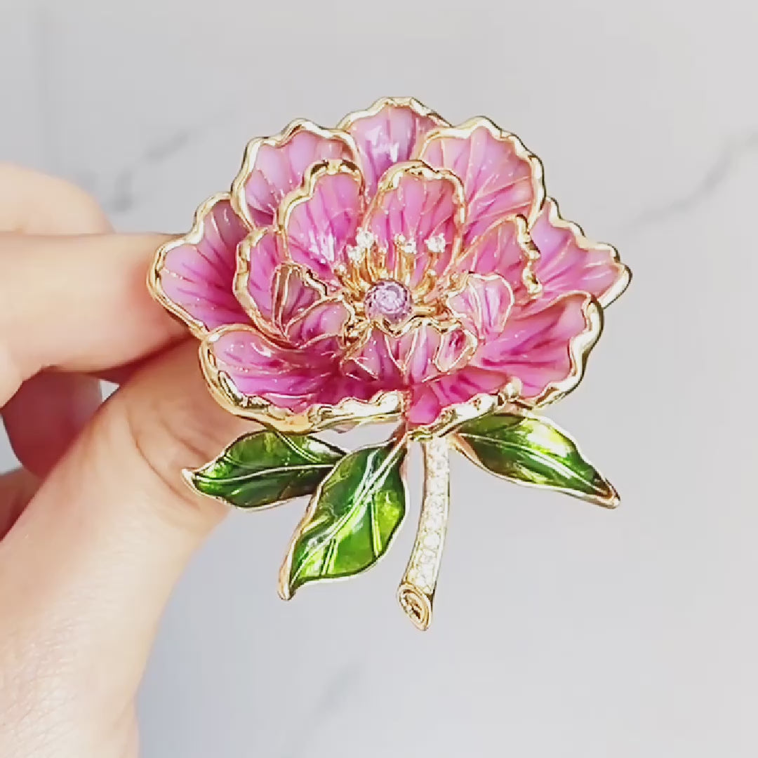 Red peony brooch, zircon inlaid copper brooch gift green oil dripping leaves