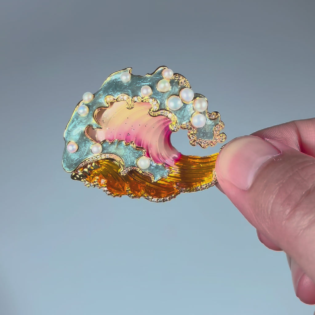 Pearl Wave Brooch: Handmade Enamel Copper Gold Pin