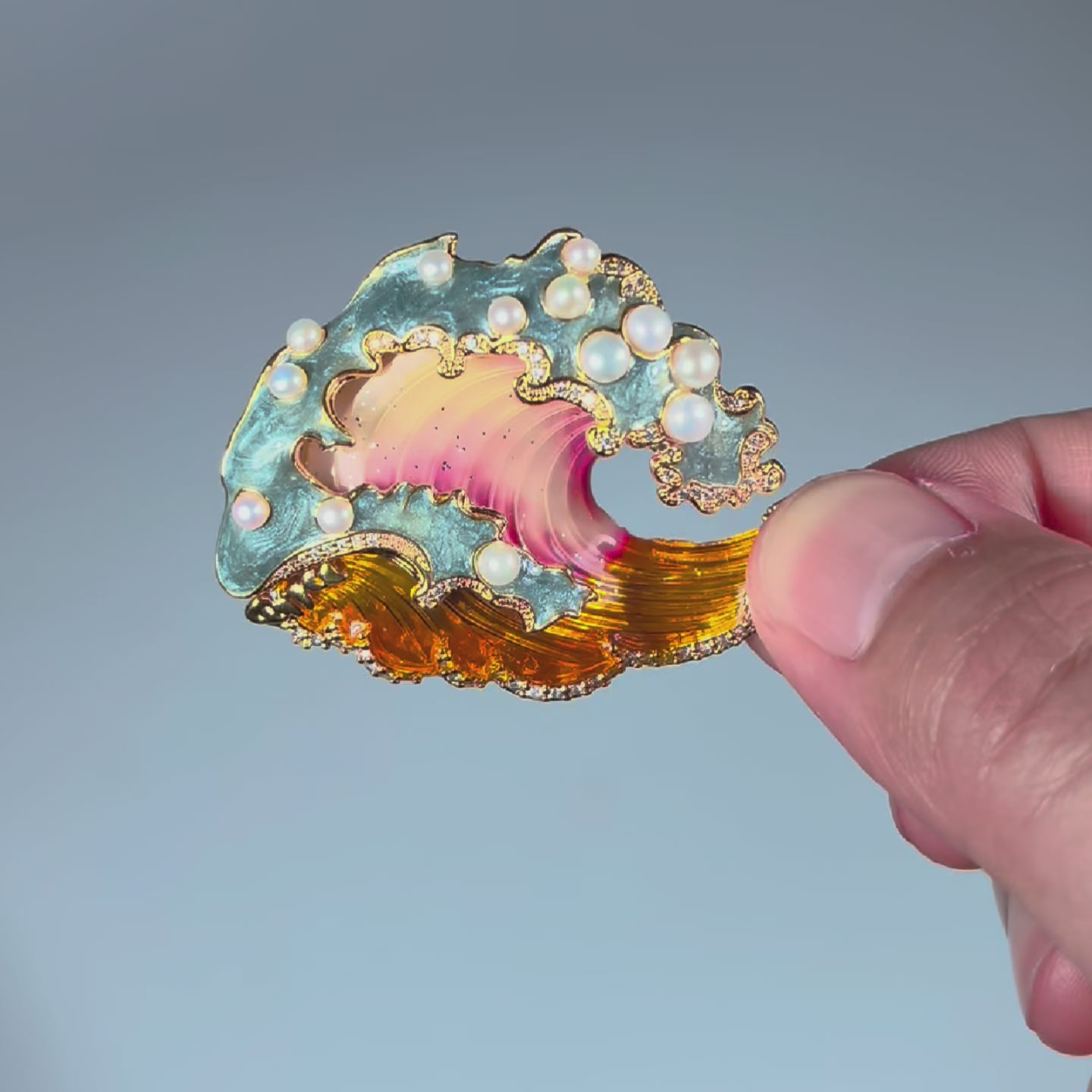 Pearl Wave Brooch: Handmade Enamel Copper Gold Pin