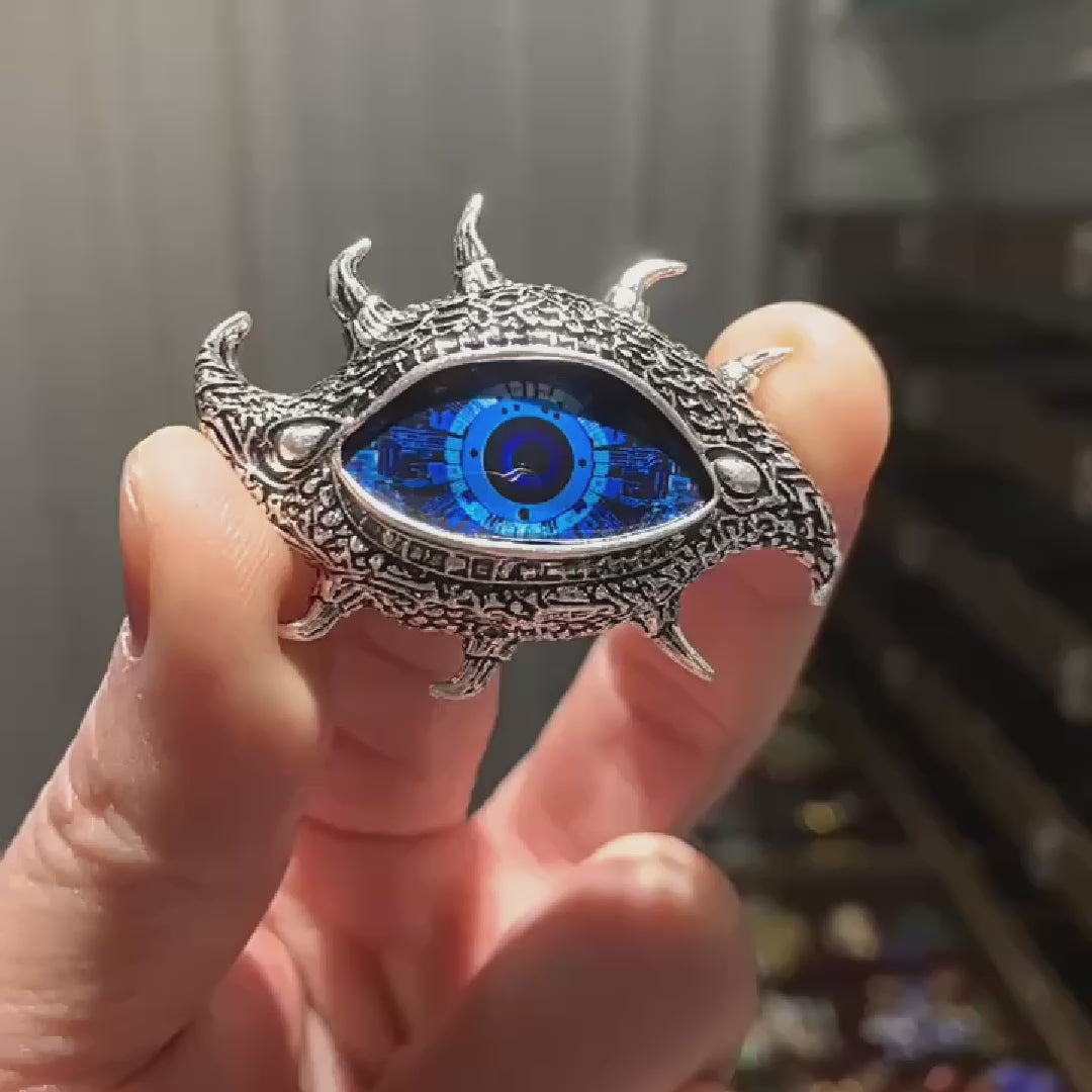 Load video: fantasy blue mechanical eye brooch Vintage original brooch or pendant