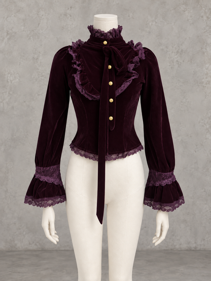 Velvet Patchwork Relaxed-Fit Long-Sleeve Vintage-Inspired Shirt