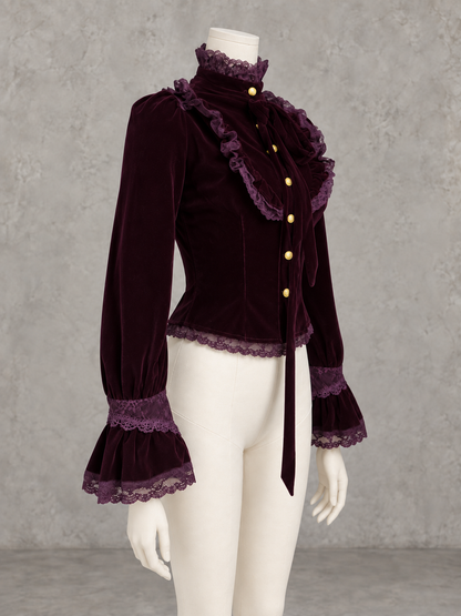 Velvet Patchwork Relaxed-Fit Long-Sleeve Vintage-Inspired Shirt