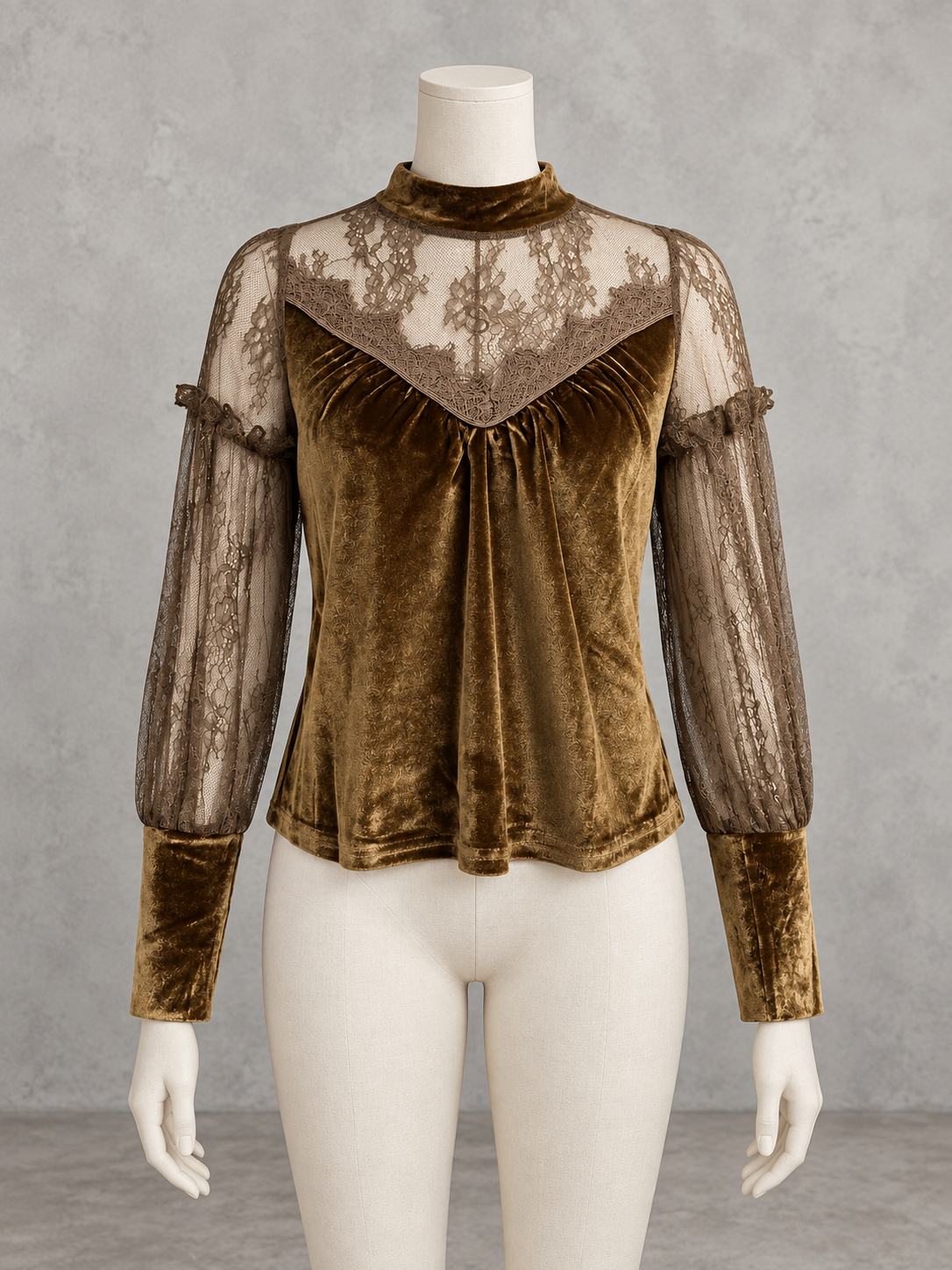 Women's Lace-Trim Patchwork Stretch Relaxed-Fit Long-Sleeve Office Blouse