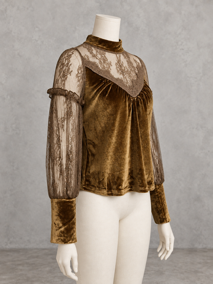 Women's Lace-Trim Patchwork Stretch Relaxed-Fit Long-Sleeve Office Blouse