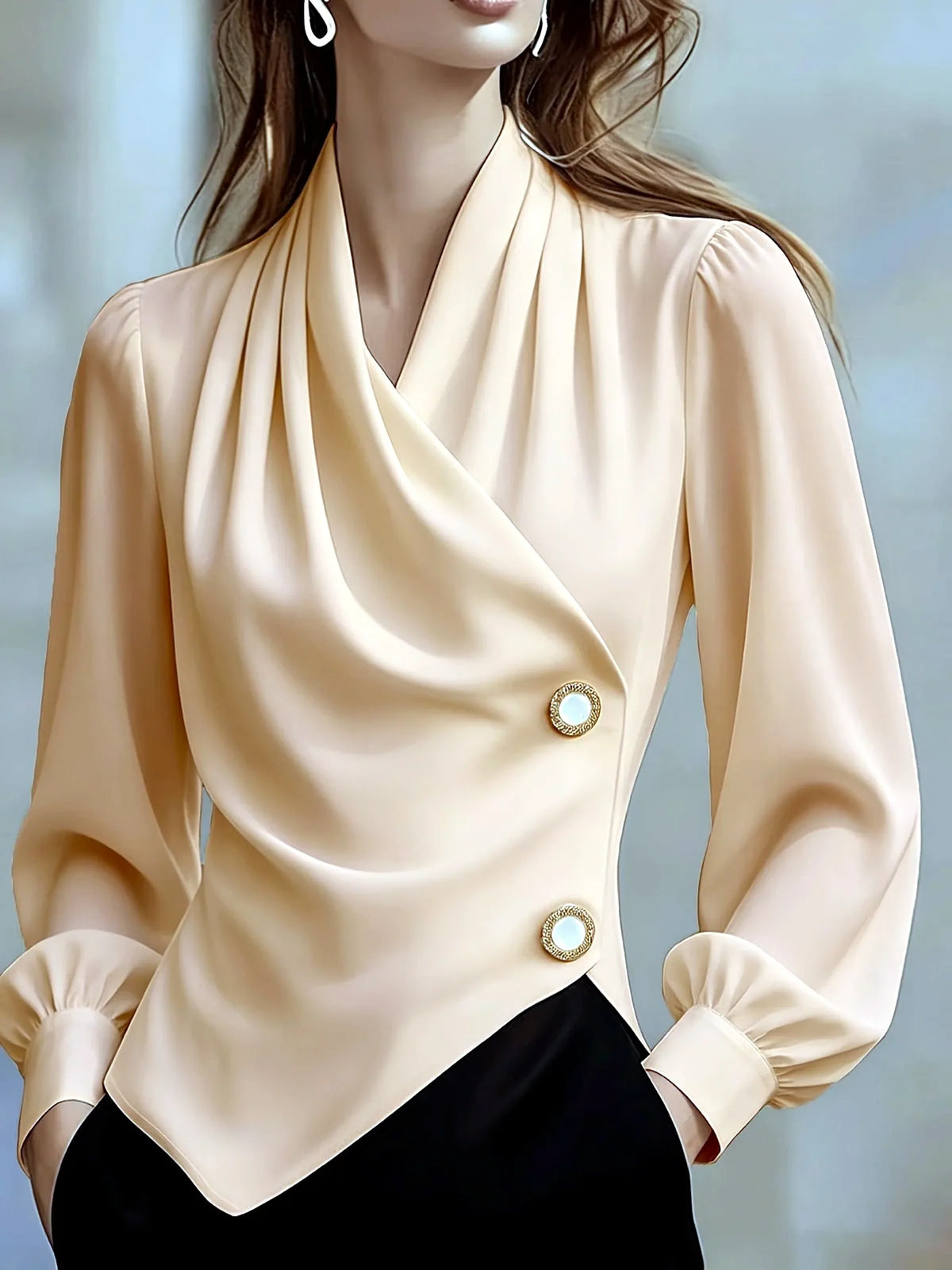 Women's draped button-front asymmetric blouse in ivory, front model view.