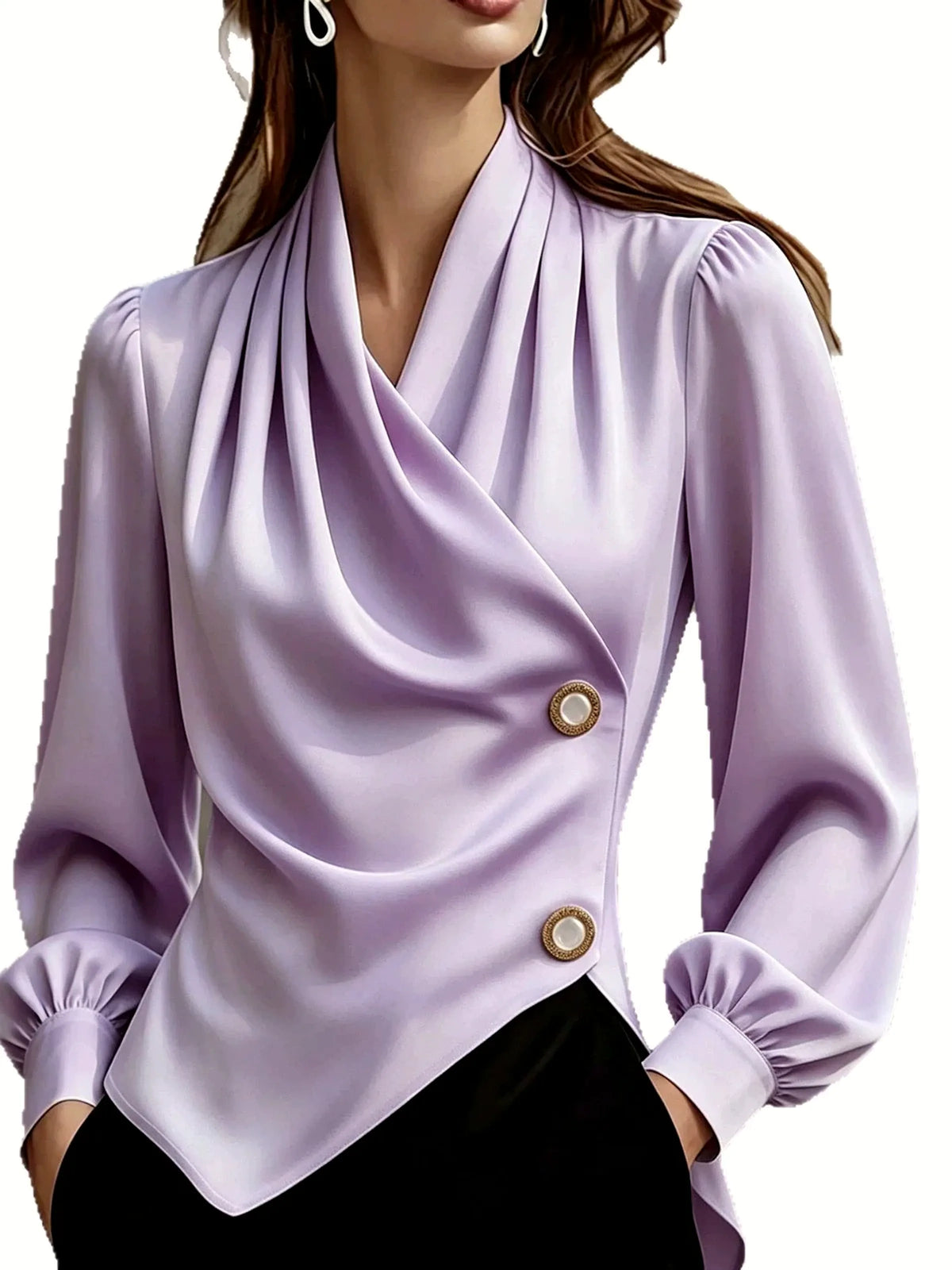 Women's draped button-front asymmetric blouse in lavender, front model view.